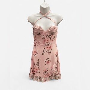 New Pink Baby Pink Floral Halter Mini Ruffle Dress Size S/M
